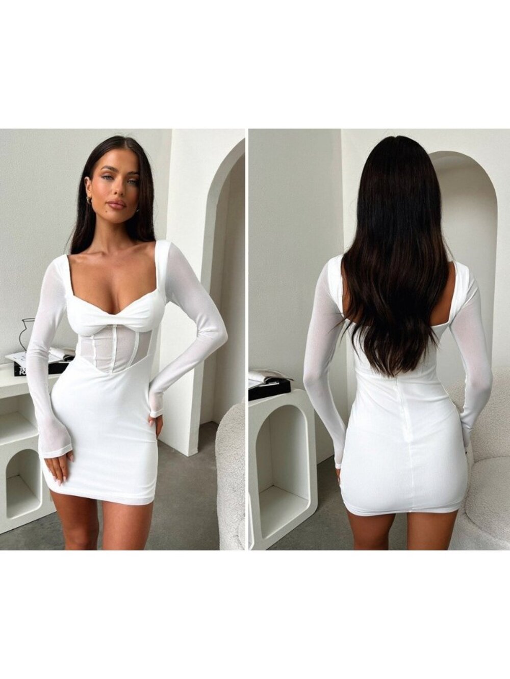 Princess Polly Sheer Bodycon Mini Dress Size 8 White Mesh Illusion Sweetheart - Picture 12 of 13